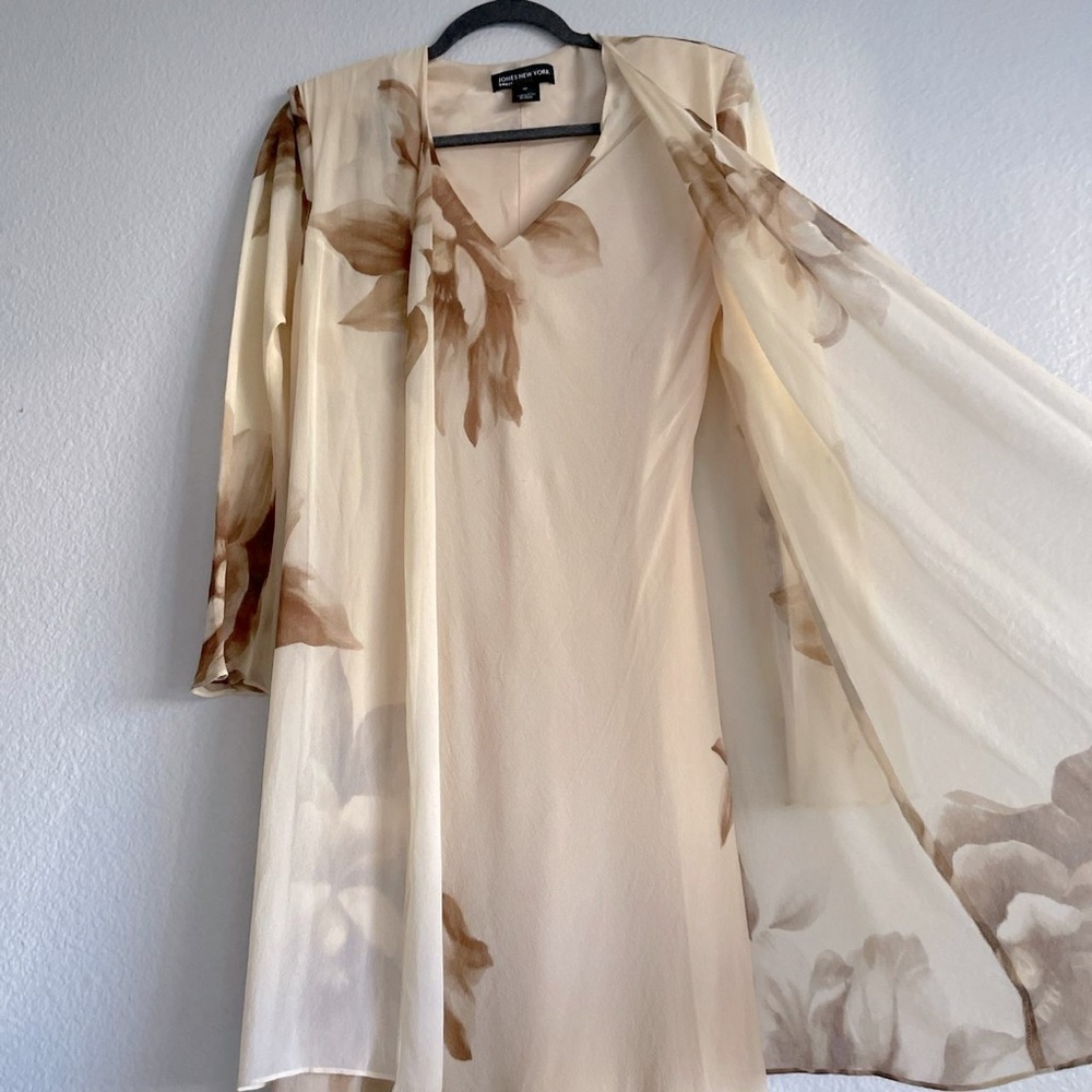 Vintage silk floral print dress with layered skirt and matching cardigan